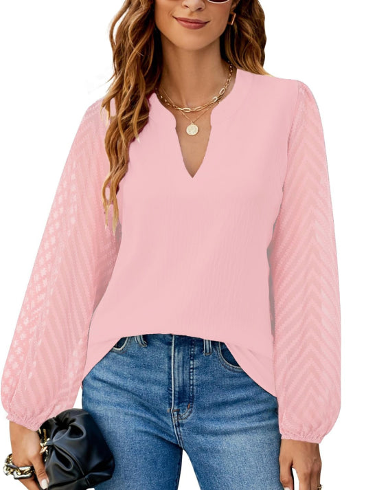 Damen Elegante Top Mit V-Ausschnitt Und Schultrand | Langarm
