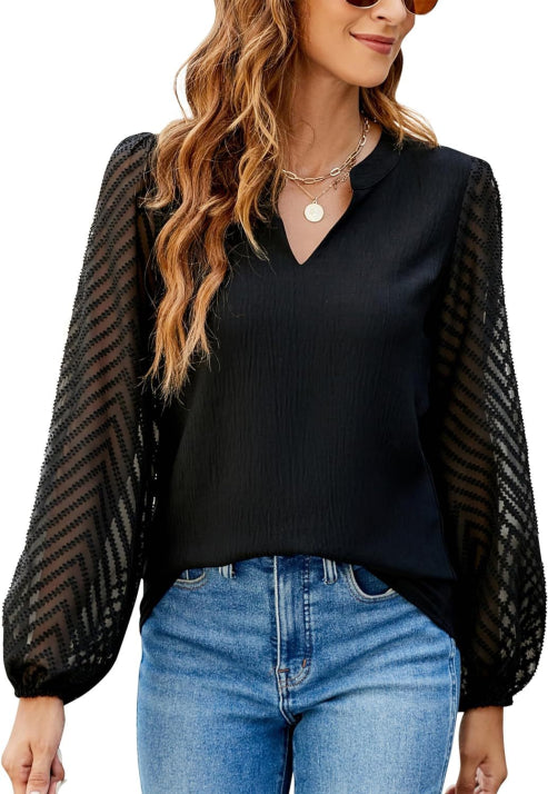 Damen Elegante Top Mit V-Ausschnitt Und Schultrand | Langarm
