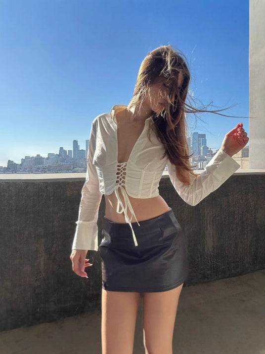 Damen Cropped Top Mit Schnürverschluss Und Langen Ärmeln | Weiß