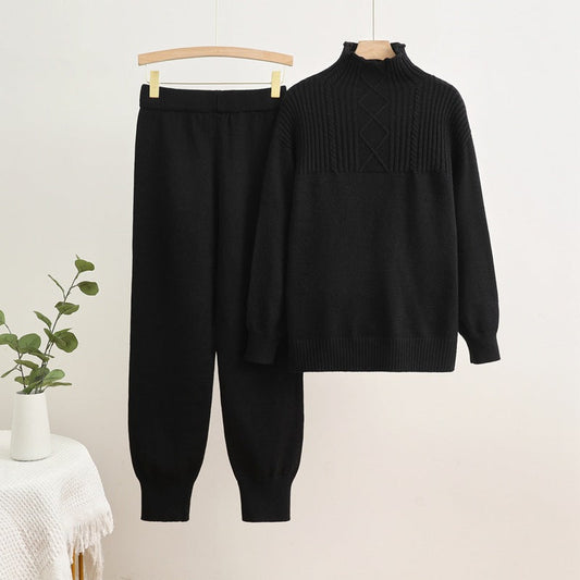 Celestia | Damen Oversized Rollkragenpullover & Hose Set mit 3D-Muster | Schwarz