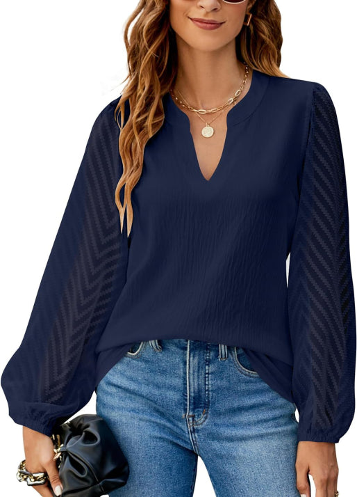 Damen Elegante Top Mit V-Ausschnitt Und Schultrand | Langarm