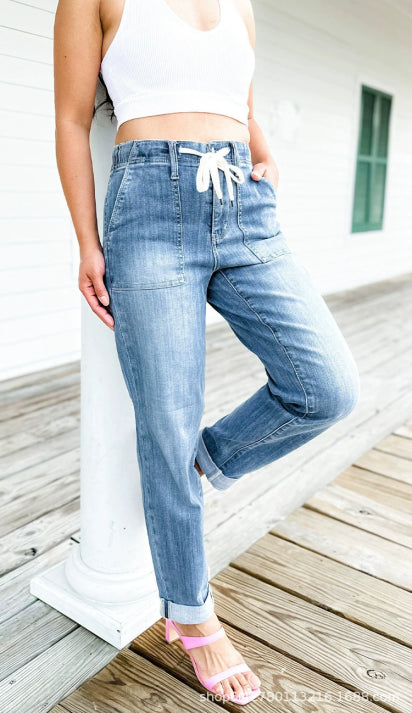 Damen Lässig Hohe Taille Jeans | Mit Kordelzug