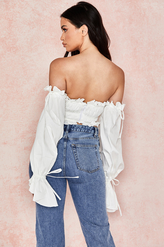 Damen Off-Shoulder Top Mit Rüschen Und Schleifendetails | Weiß