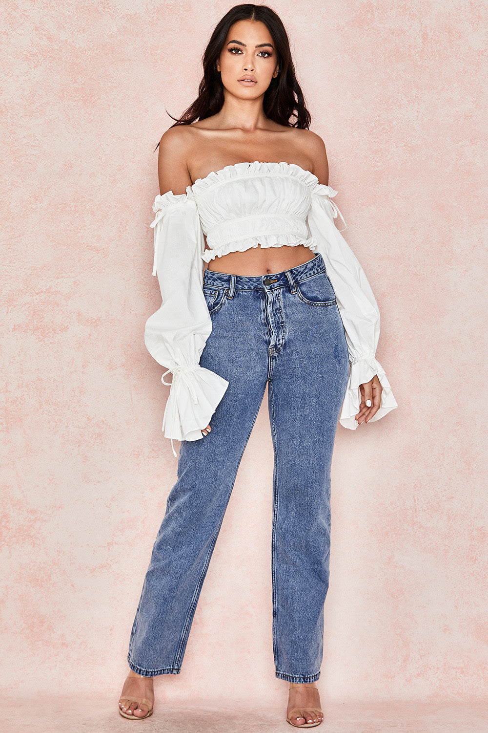 Damen Off-Shoulder Top Mit Rüschen Und Schleifendetails | Weiß