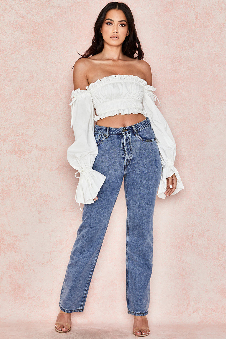 Damen Off-Shoulder Top Mit Rüschen Und Schleifendetails | Weiß