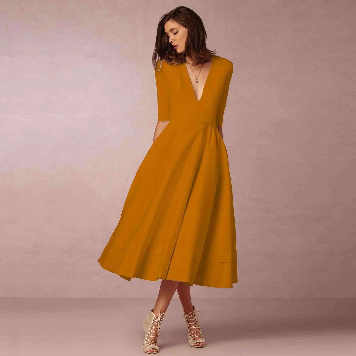 Damen V-Ausschnitt Hochzeitsgastkleid | Midi