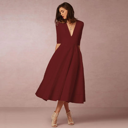 Damen V-Ausschnitt Hochzeitsgastkleid | Midi