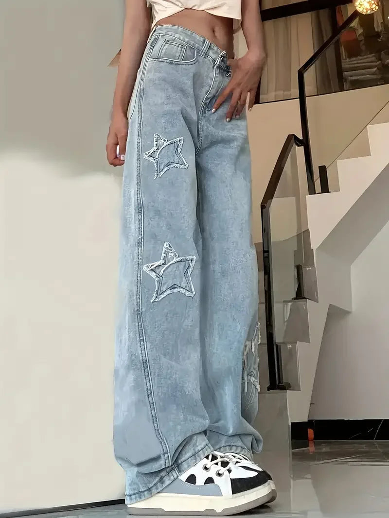 Damen Hohe Taille Baggy Jeans | Sternmuster
