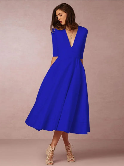 Damen V-Ausschnitt Hochzeitsgastkleid | Midi