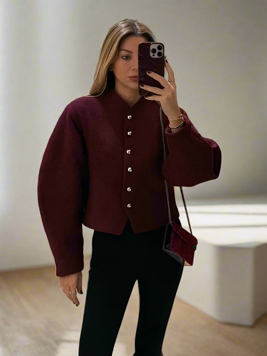 Elisa | Damen Oversized Kurzjacke mit Rundhals | Burgunderrot