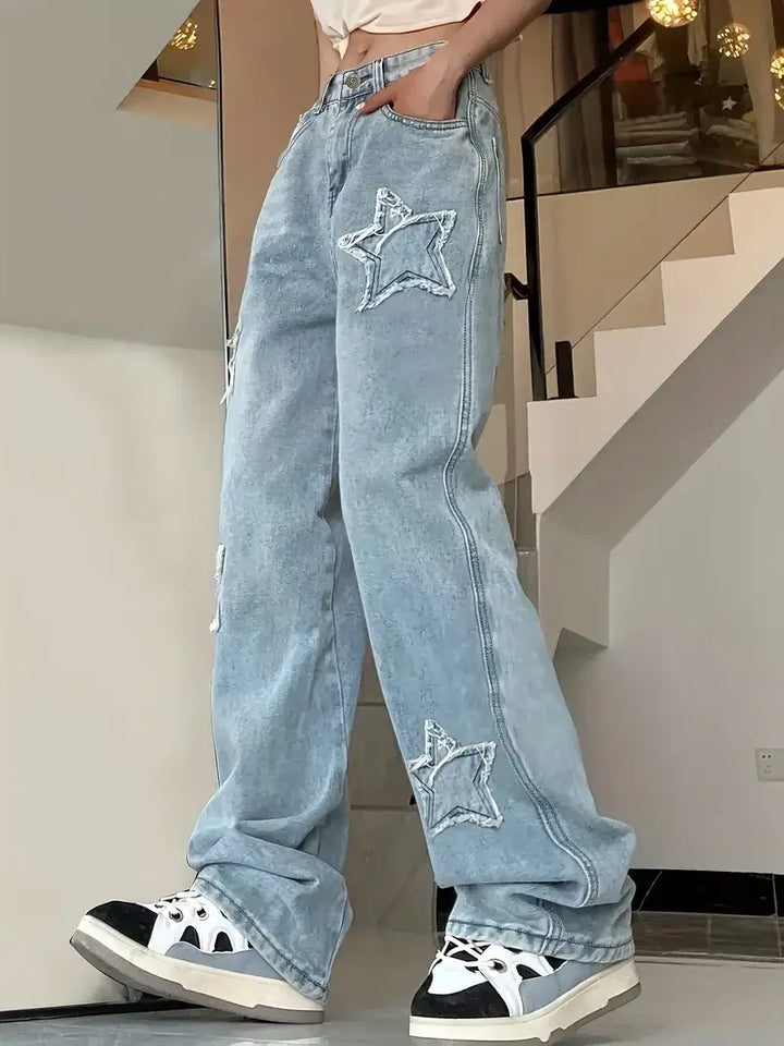 Damen Hohe Taille Baggy Jeans | Sternmuster