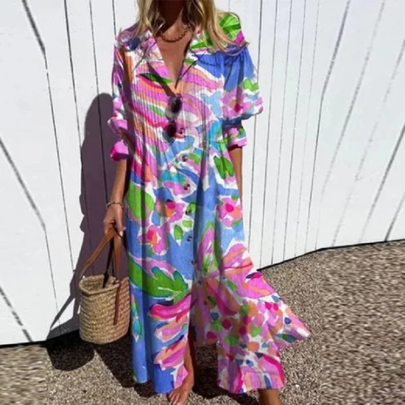 Damen 3/4 Ärmel Boho Sommerkleid | Maxi