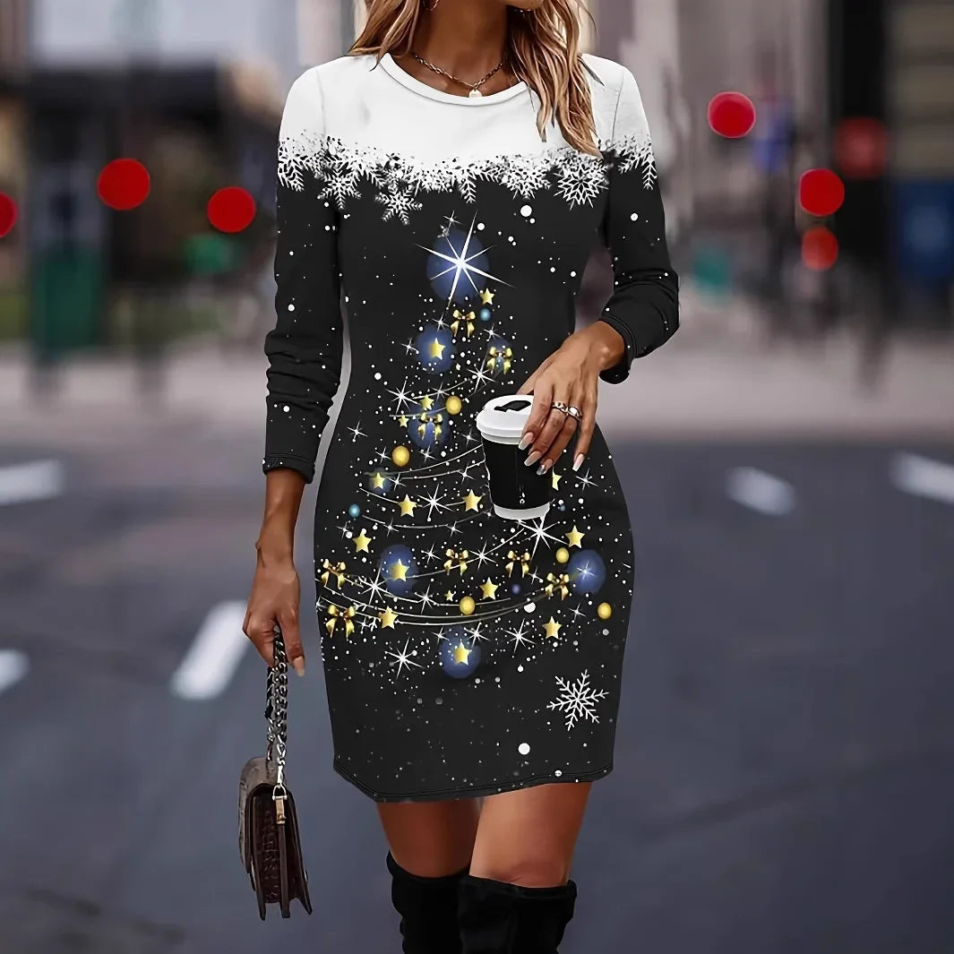 Weihnachtskleid mit Schneeflocken Druck für Damen | Mini