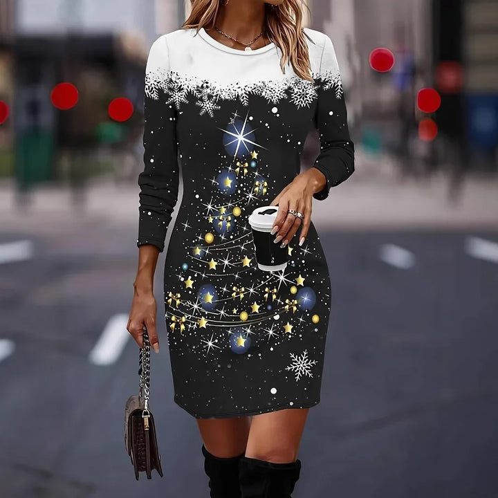 Weihnachtskleid mit Schneeflocken Druck für Damen | Mini