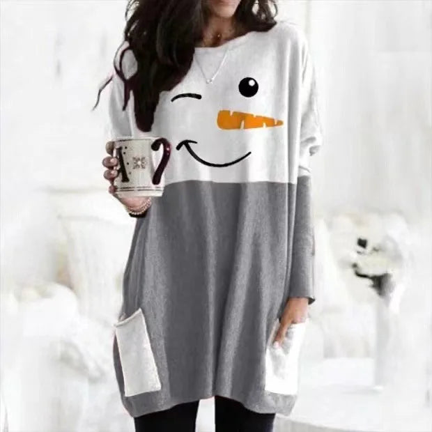 Langes Weihnachts-T-Shirt für Damen | Schneeman Druck