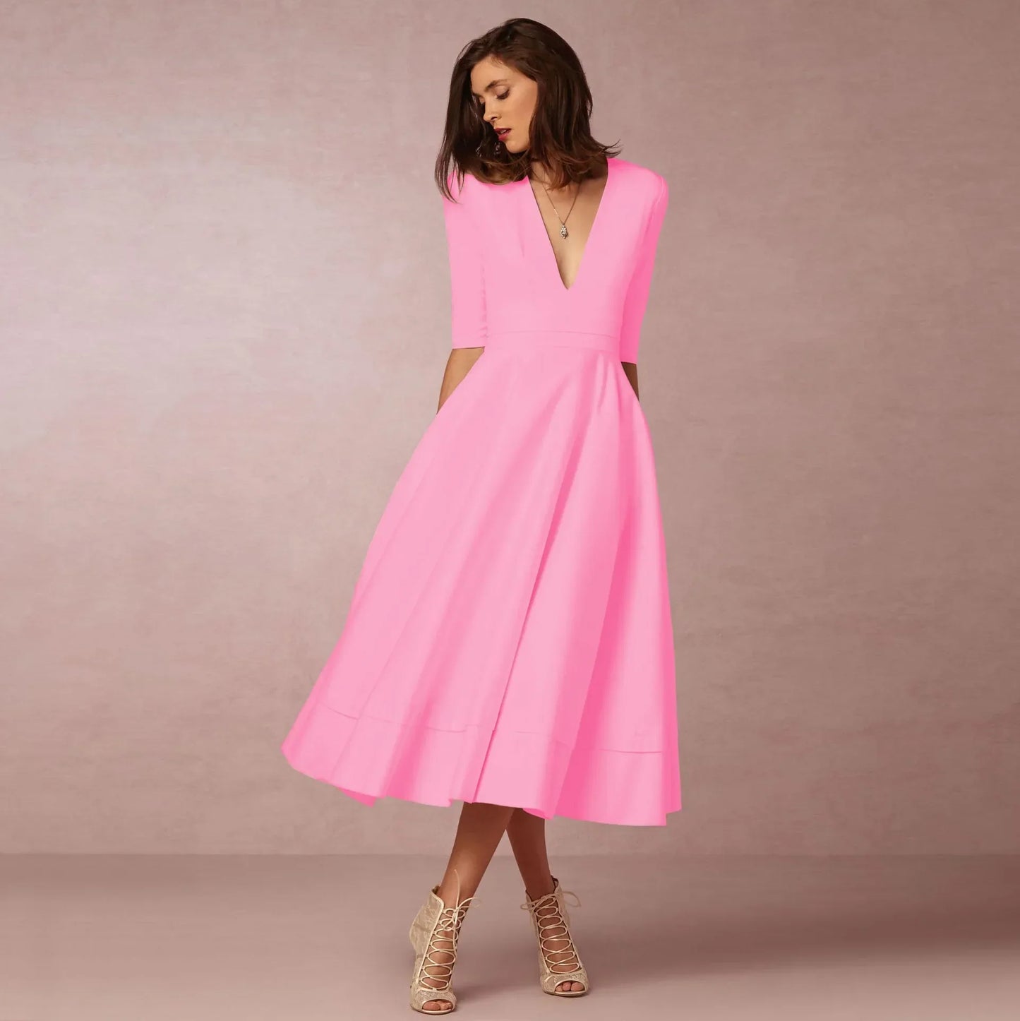 Damen V-Ausschnitt Hochzeitsgastkleid | Midi