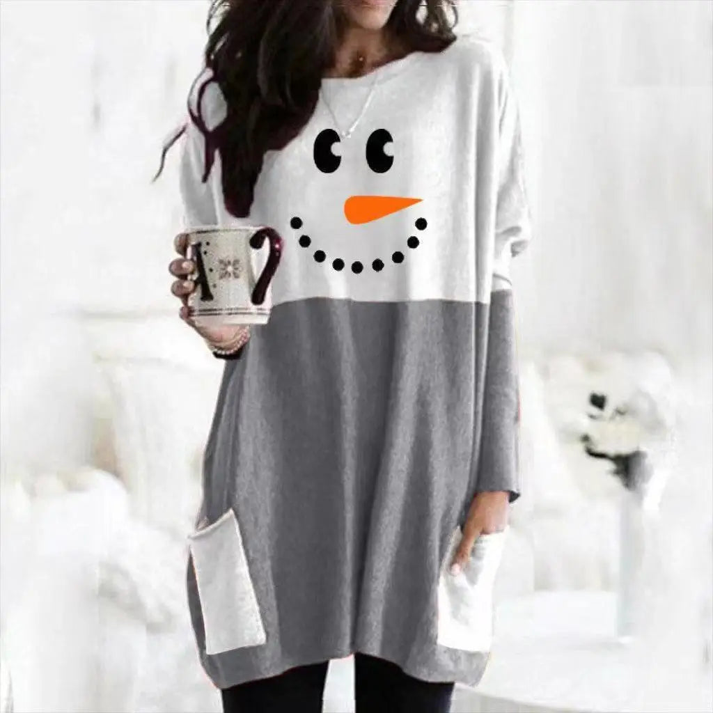 Langes Weihnachts-T-Shirt für Damen | Schneeman Druck