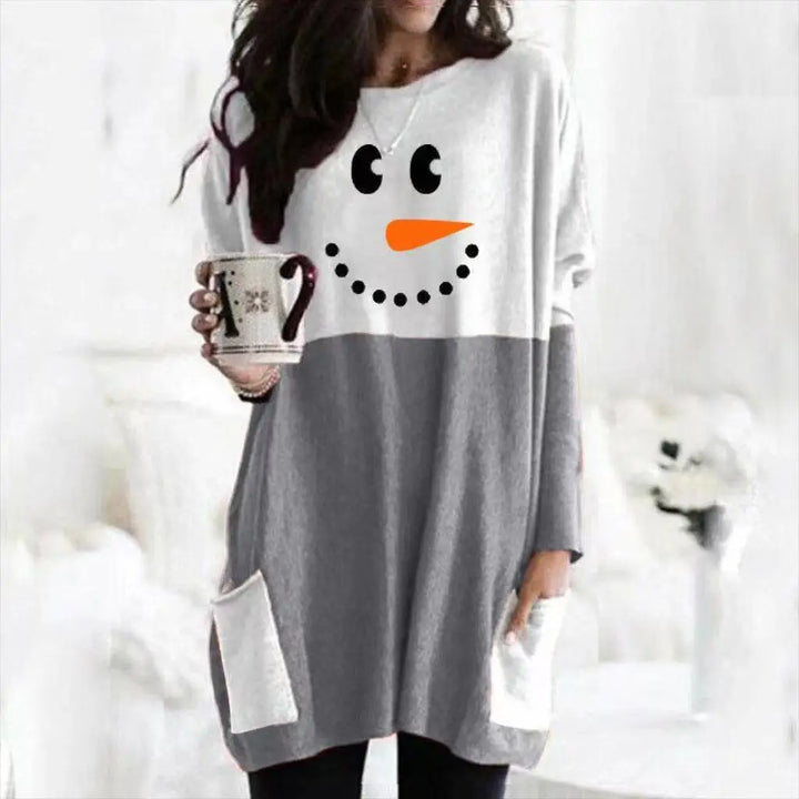 Langes Weihnachts-T-Shirt für Damen | Schneeman Druck