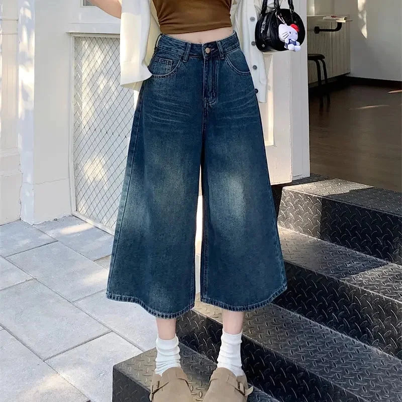 Damen Wadenlang Baggy Jeans | Hohe Taille