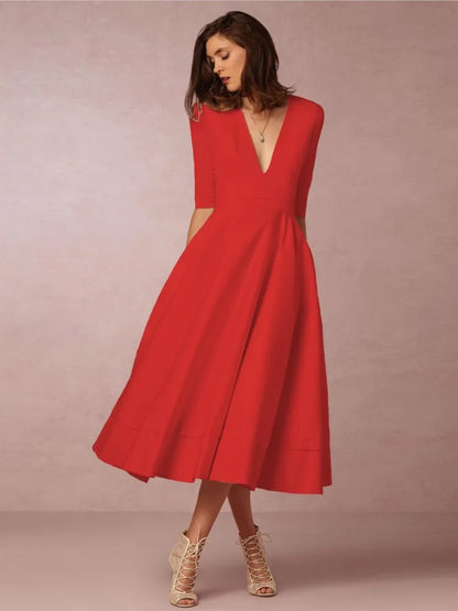 Damen V-Ausschnitt Hochzeitsgastkleid | Midi