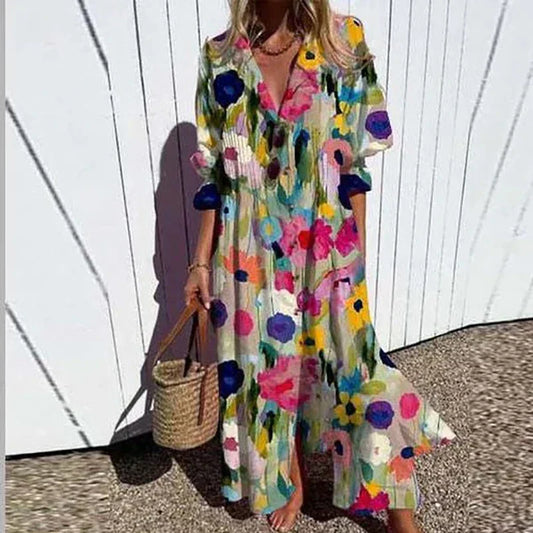 Damen 3/4 Ärmel Boho Sommerkleid | Maxi