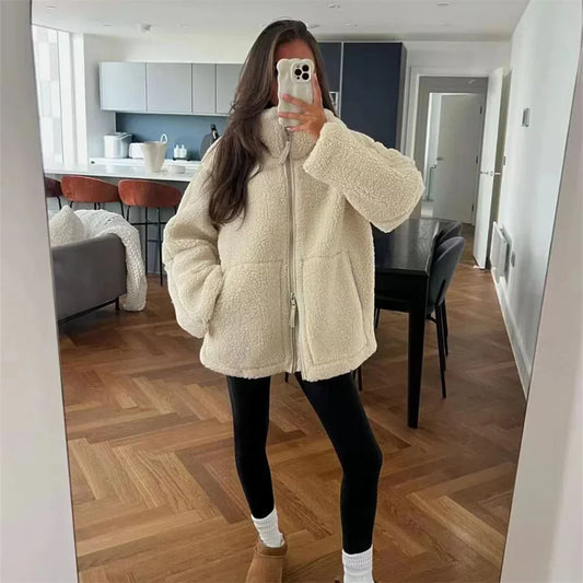 Mira | Damen Langarm Jacke mit Reißverschluss | Beige