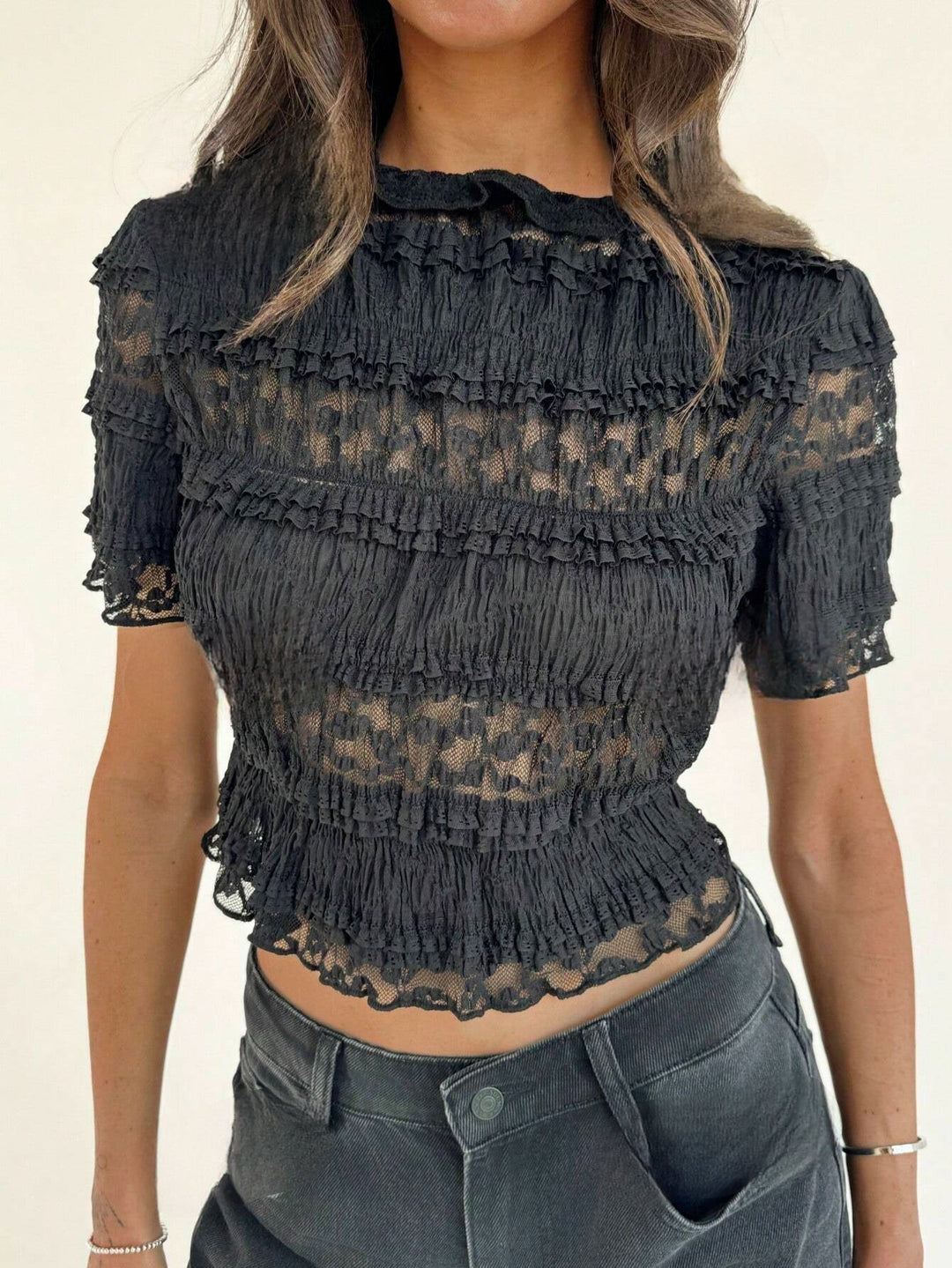 Damen Sommer Spitzen Crop Top | Schwarz und Mintgrün