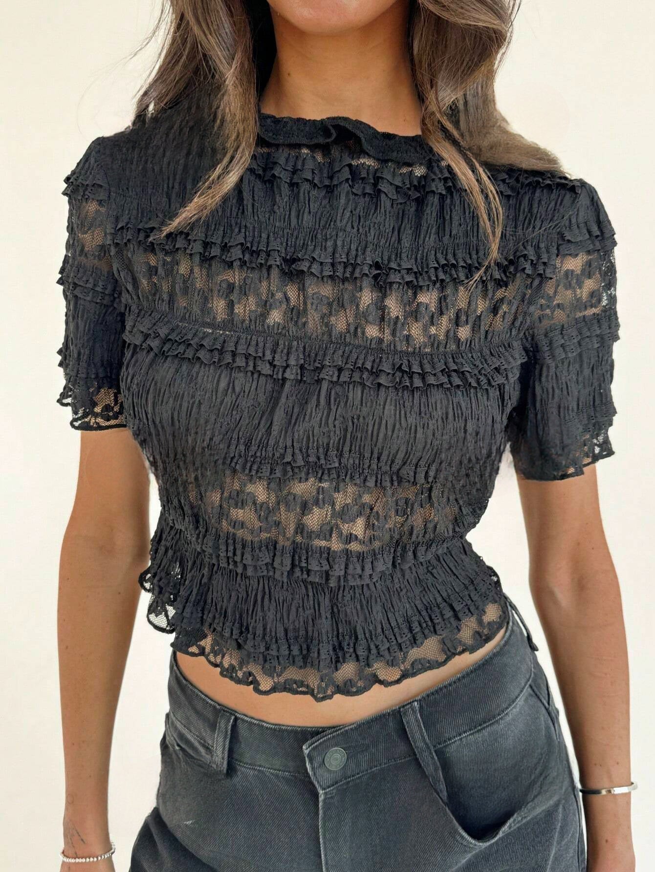 Damen Sommer Spitzen Crop Top | Schwarz und Mintgrün