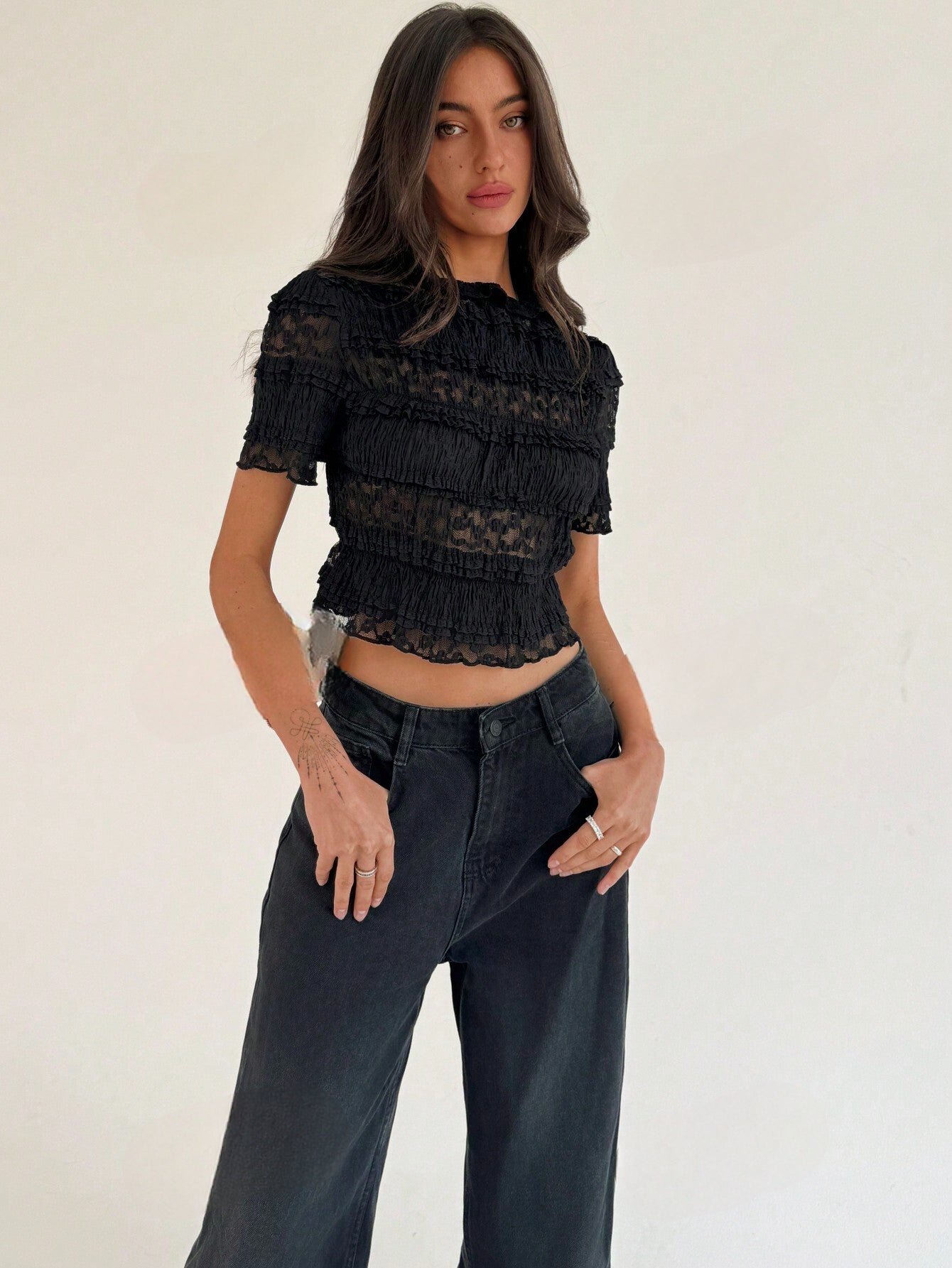 Damen Sommer Spitzen Crop Top | Schwarz und Mintgrün