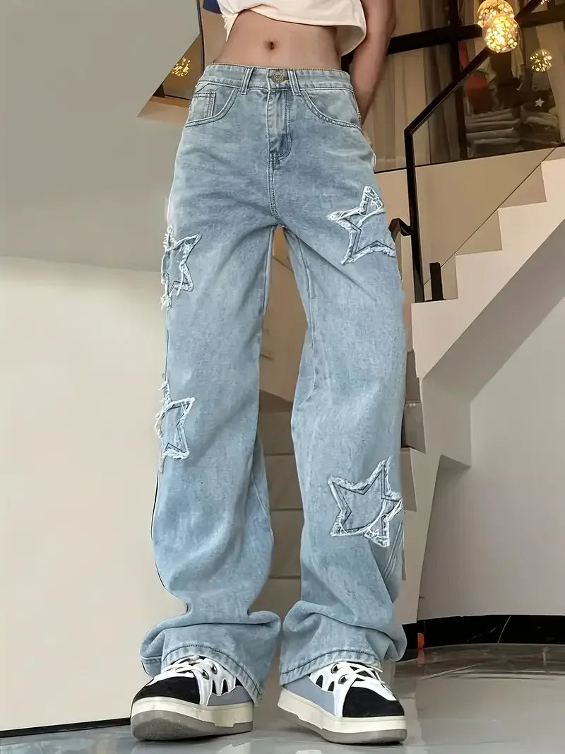 Damen Hohe Taille Baggy Jeans | Sternmuster