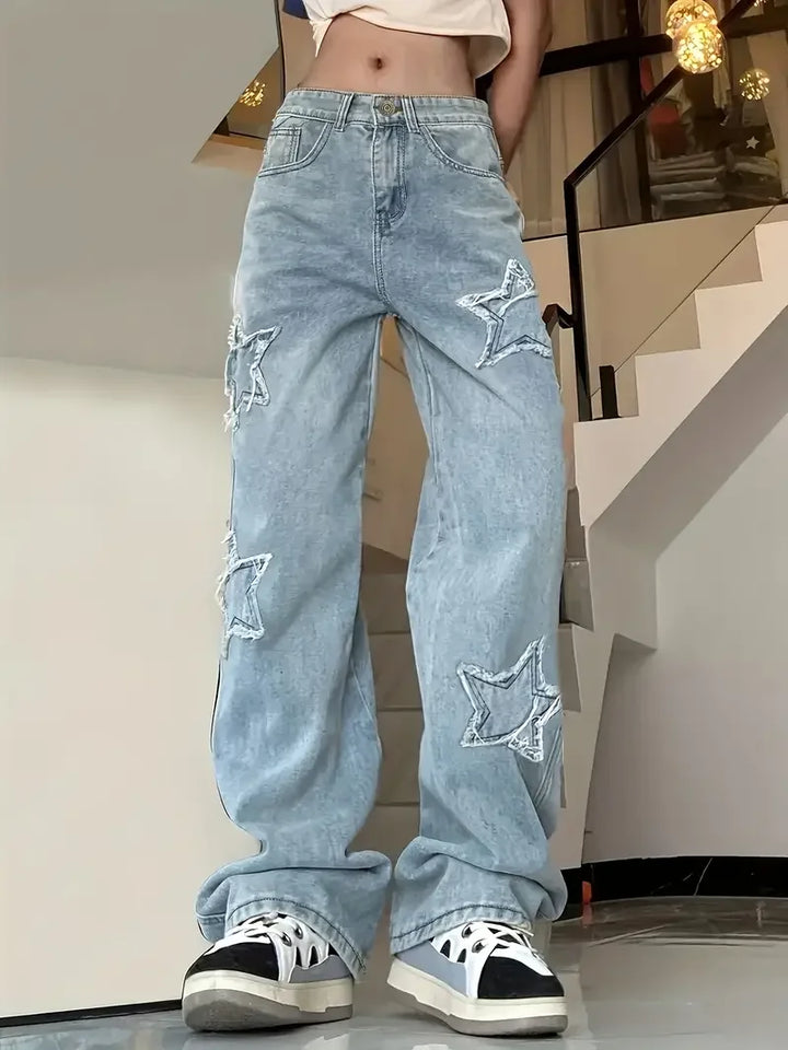 Damen Hohe Taille Baggy Jeans | Sternmuster