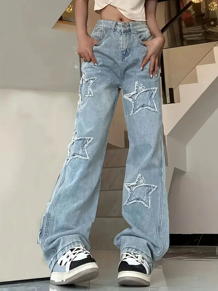 Damen Hohe Taille Baggy Jeans | Sternmuster