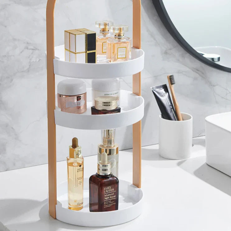 Elegantes Regal mit gebogenem Rahmen, ideal für Parfums und Cremes.
