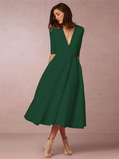 Damen V-Ausschnitt Hochzeitsgastkleid | Midi