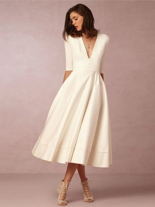Damen V-Ausschnitt Hochzeitsgastkleid | Midi