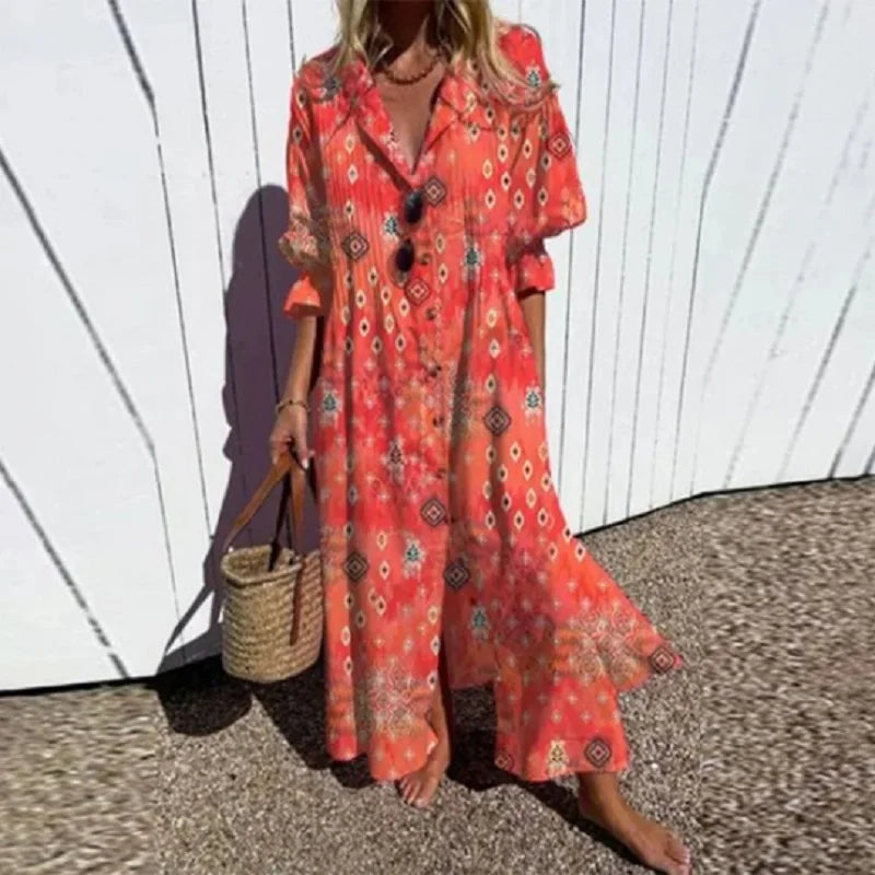 Damen 3/4 Ärmel Boho Sommerkleid | Maxi