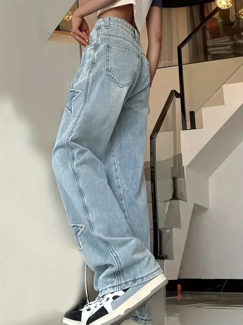 Damen Hohe Taille Baggy Jeans | Sternmuster