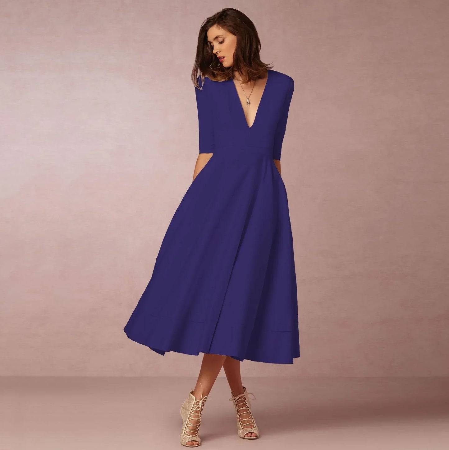Damen V-Ausschnitt Hochzeitsgastkleid | Midi
