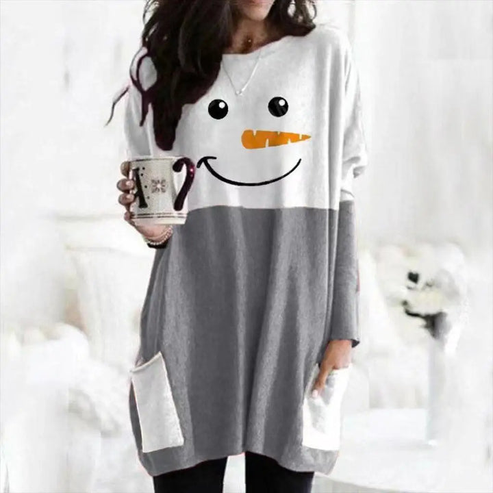 Langes Weihnachts-T-Shirt für Damen | Schneeman Druck