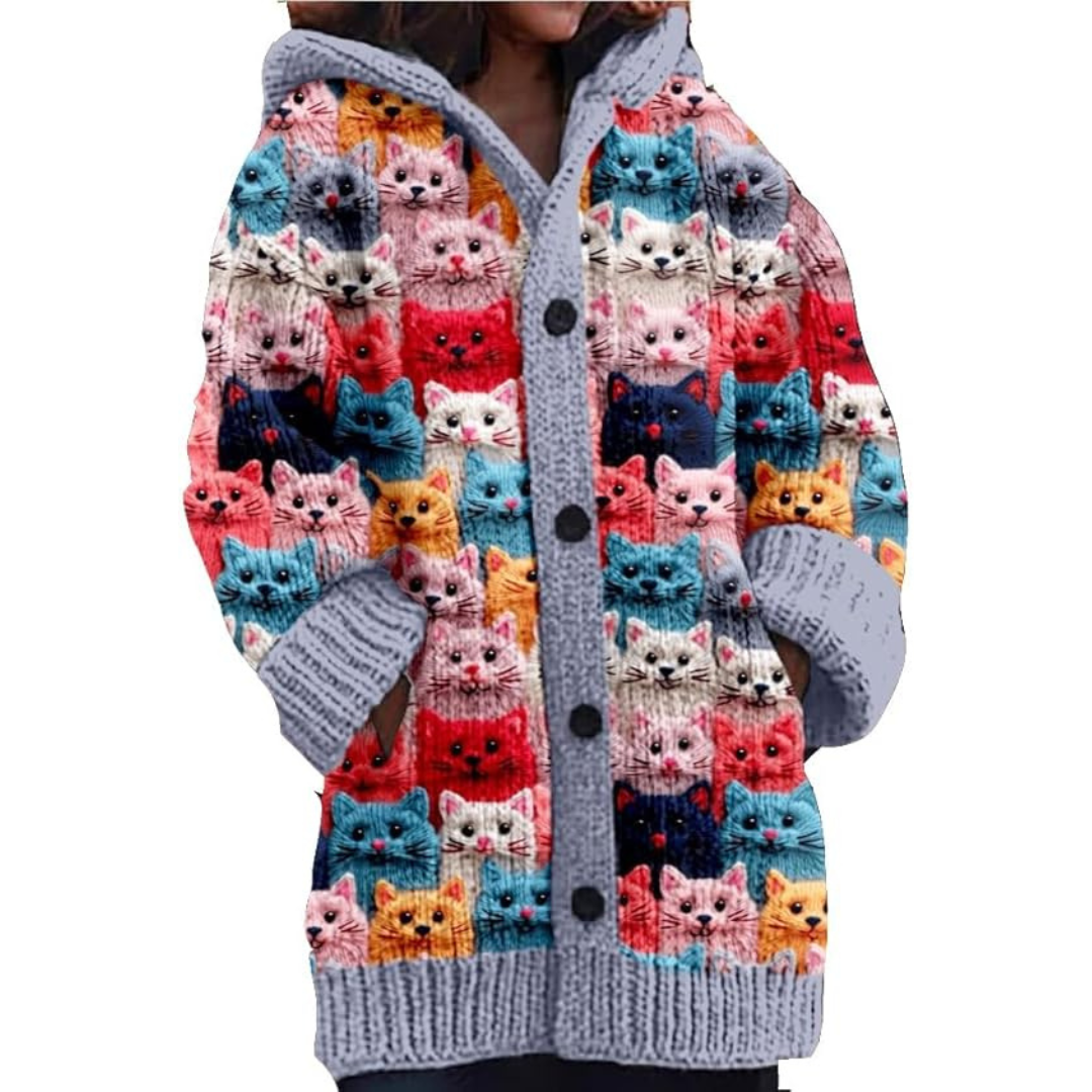 Damen Katzendruck Strickjacke | Mit Kapuze