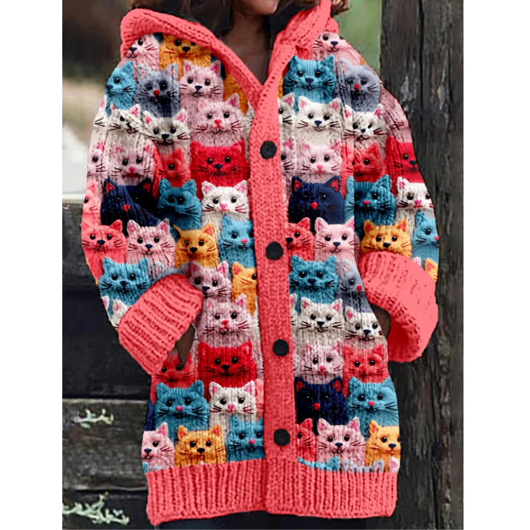 Damen Katzendruck Strickjacke | Mit Kapuze