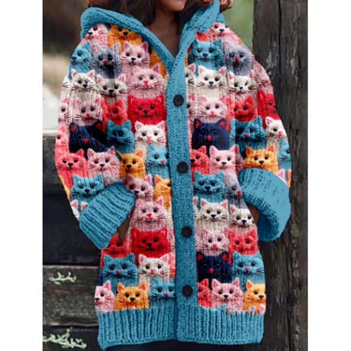 Damen Katzendruck Strickjacke | Mit Kapuze