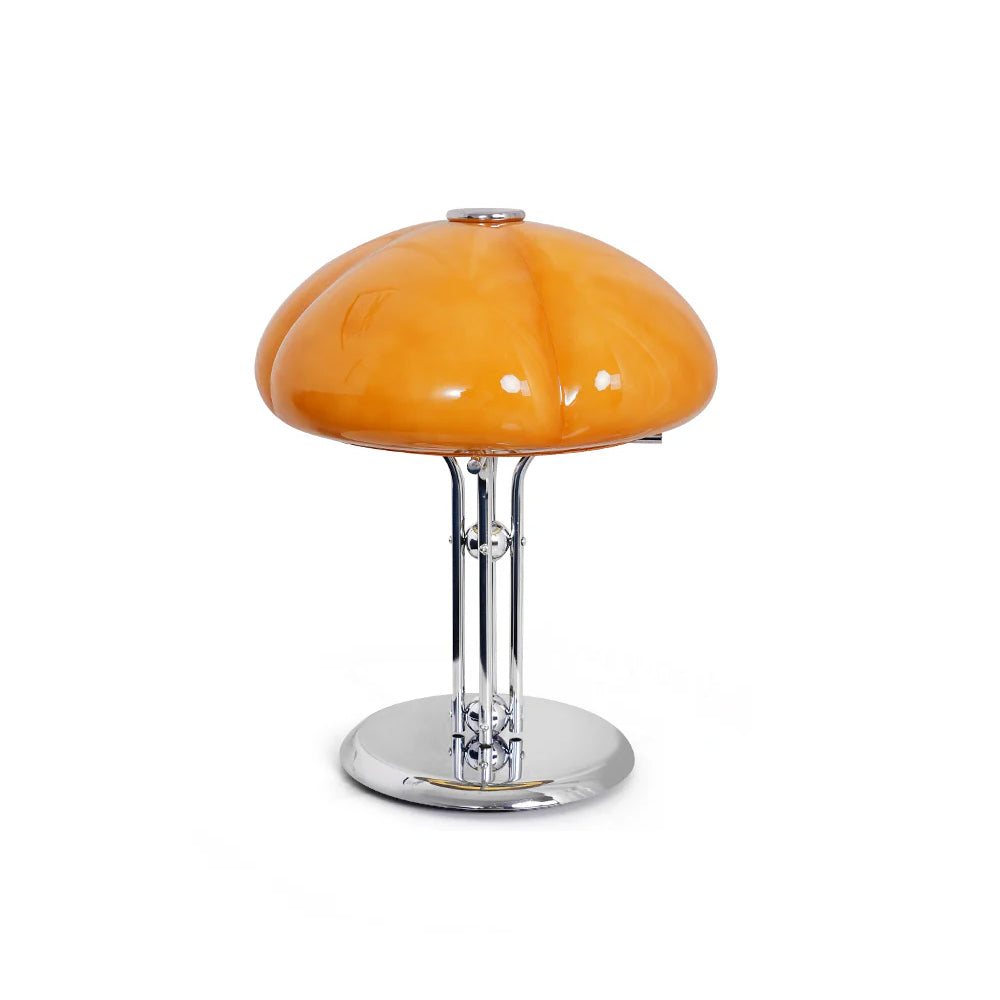 Tischleuchte AmberLume mit einem eleganten Glas-Lampenschirm für sanftes Licht.