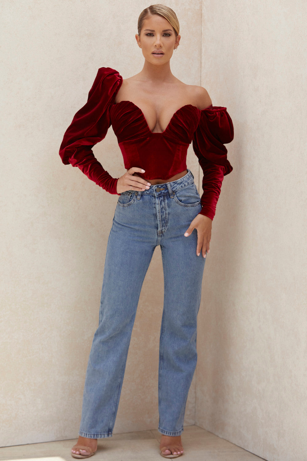 Damen Elegante Rot Korsett-Top | Langarm
