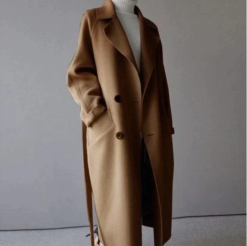 Damen Langer doppelreihiger Trench Mantel | Gürtel