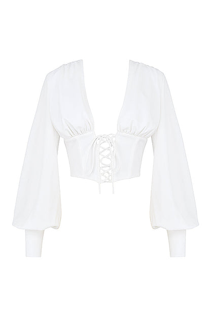 Damen Cropped Top Mit Schnürverschluss Und Langen Ärmeln | Weiß