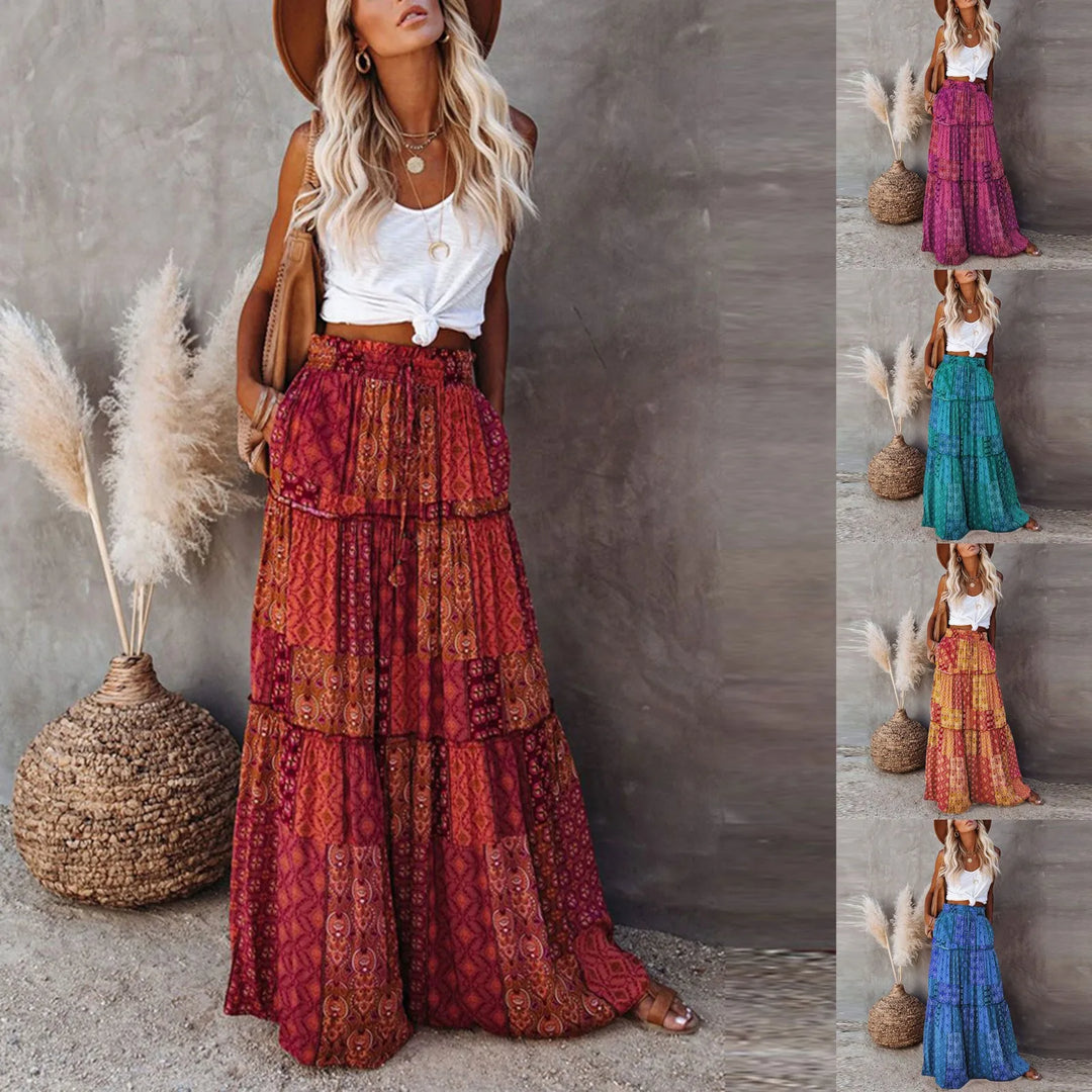 Damen Boho Maxirock mit verspieltem Patchwork-Muster.