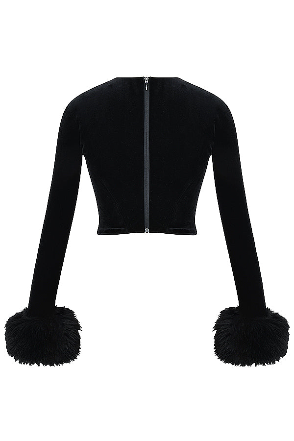 Damen Langarm Oberteil Mit Faux-Fell Manschetten | Schwarz