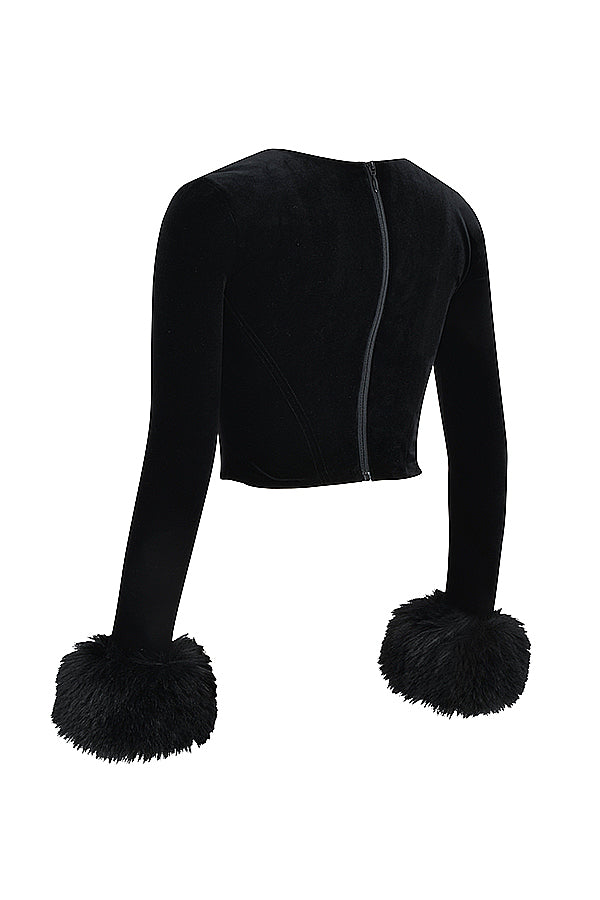 Damen Langarm Oberteil Mit Faux-Fell Manschetten | Schwarz