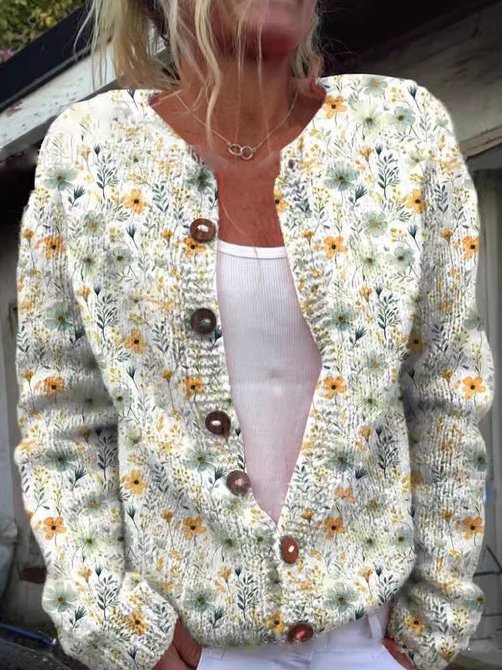 Damen Blumenmuster Strickjacke | Rundhalsausschnitt